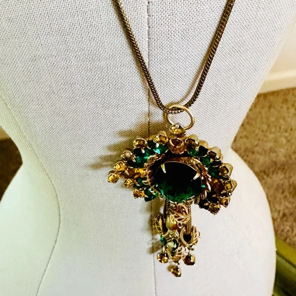 Vintage ANTIQUE Green PendantCrystal Tassel